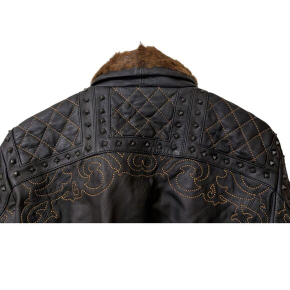 Black Brand Women's XL Sheared Beaver Sheep Leather Studded Jacket Fux Fur Trim - Picture 7 of 14